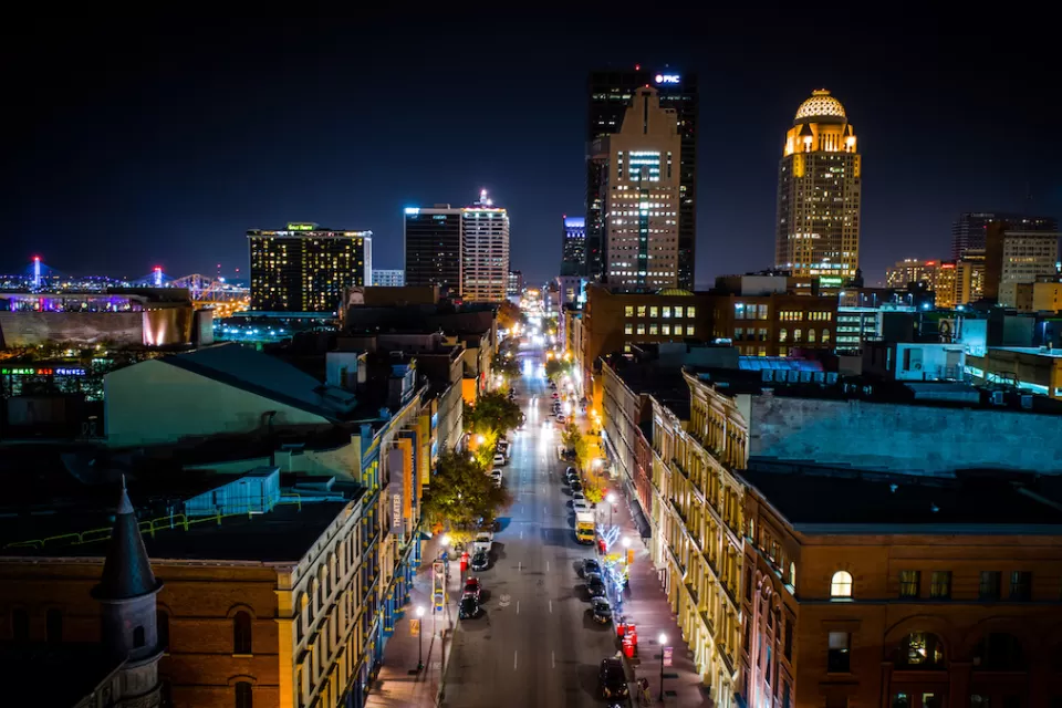 Nighttime view of downtown Louisville, Kentucky.
